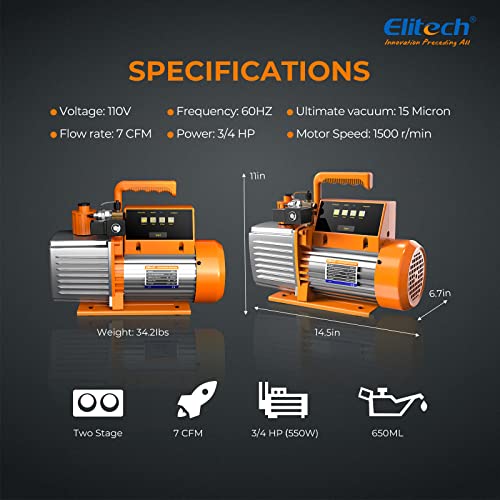 Elitech 7 CFM Vacuum Pump Intelligent HVAC Vacuum Pump 2 Stage App