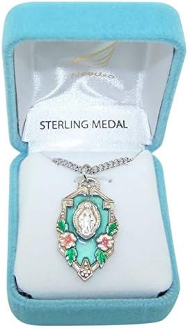 Catholic PendantsSterling Silver Miraculous Medal Pendant with Blue Enamel, 1 1/5 Inch