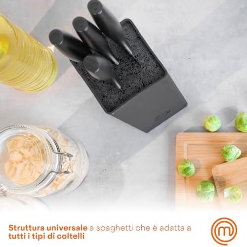 MasterChef Set Coltelli da Cucina con Ceppo Universale, Portacoltelli con Lama Affilato per Pane, Carne, Verdure e altro, Acciaio Inox, Prova di Calore, Manici Neri, 5 Pezzi, Nero