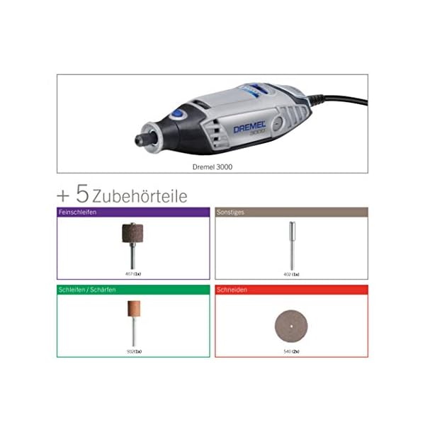 Dremel 3000 Multifunktionswerkzeug 130W, Set mit 5 ZubehÃ¶rteilen, Variable Drehzal 10.000-33.000 U/min zum Schneiden, Schleifen, Gravieren, Polieren, SchÃ¤rfen, Reinigen, Schnitzen, F0133000JU – Bild 3
