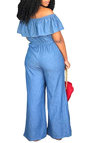 Huisifang Women's Elegant Denim Jumpsuits Ruffle Wide Leg Pants Jumpsuit Romper with Pockets Plus Size
