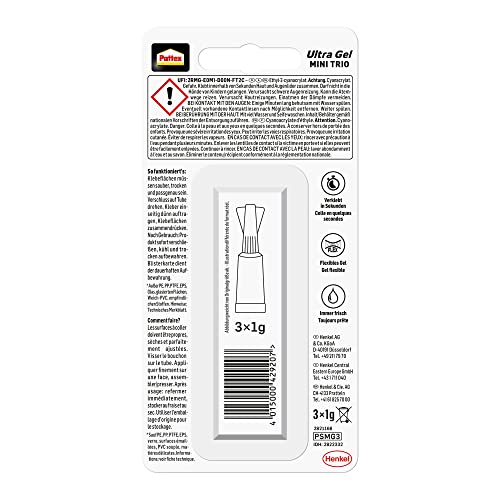Pattex Sekundenkleber Ultra Gel Mini Trio, extra starker & flexibler Superkleber in 3 Tuben, Sekundenkleber Gel für z. B. Gummi, Leder, Holz, 3x 1 g Tube, 9H PSMG3 2