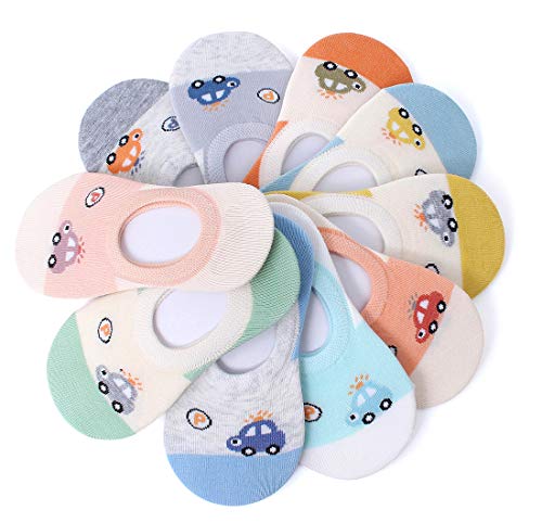 CHUNG Toddler Boys Girls Thin No Show Cotton Low Cut Multi Solid Color White Socks Summer 10 Pack 2-8Y Car, 4-6Y
