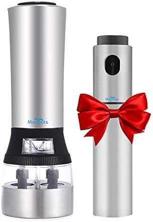 Madoats 2 in 1 Electric Salt and Pepper Grinder-Battery Operated-Adjustable Ceramic Grinder-Brushed Stainless Steel Salt and Pepper Shakers with Portable Olive Oil Sprayer