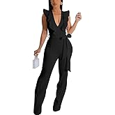 HBQ Womens Casual One Piece Jumpsuits V-Neck Sleeveless Ruffle Elegant Romper Wide Leg Pant Sexy Party Clubwear Overalls