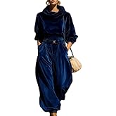 Women's 2 Piece Velour Tracksuit Hooded Long Sleeve Pullover Wide Leg Pants Velvet Sweatsuits for Women Lounge with Pockets