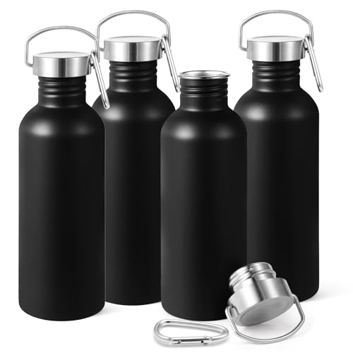Volhoply 1000ml Unisolierte Einwand-Trinkflaschen 4er-Pack, Edelstahl-Sporttrinkflasche mit Griff und Karabiner, BPA-freie leichte Trinkflasche für Wa