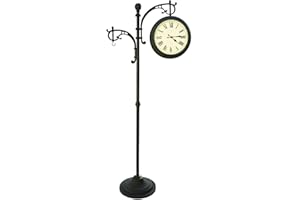 Backyard Creations Outdoor Heavy Duty Double Face Metal Weather Pedestal Clock / Analog Thermometer, Black, 15InD X 33.25InW X 72.75InH