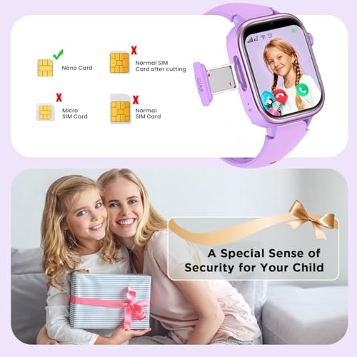 Nuevo 4G Reloj Inteligente Niño con Videollamada & GPS, Smartwatch Niños con SOS, Chat de Voz, Modo Escuela, Podómetro, Despertador, Monitor de Sueño IP68 Impermeable Regalo para Niños Niñas, Púrpura