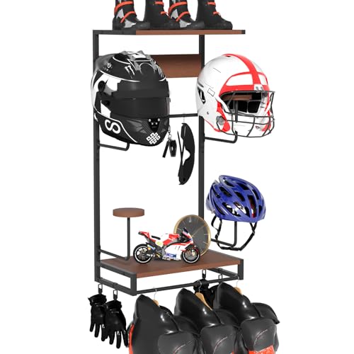 GHWMYD Wall Mounted Motorcycle Helmet Holder, Retro Motorcycle Helmet Mount for Hanging 4 Motorcycle Caps and Jacket to the Wall, Motorcycle Storage Accessories, Wall Mount for Tactical Vest
