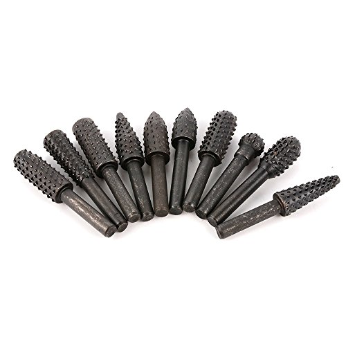 Set of 10pcs Rotary Burrs with 1/4" (6mm) Shank, Wood Carving File Rasp Drill Bits Chisel Shaped Rotating Embossed Grinding Head Power Tools
