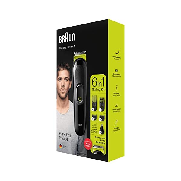 Braun-6-in-1-All-in-one-Trimmer-3-MGK3221-Hair-Clipper-and-Beard-Trimmer-with-Lifetime-Sharp-Blades-Ear-Nose-Trimmer-Head-5-Attachments-BlackVolt-Green-UK-2-Pin-Bathroom-Plug Braun 6-in-1 All-In-One Series 3, Male Grooming Kit With Beard Trimmer, Hair Clippers & Precision Trimmer, 5 Attachments…