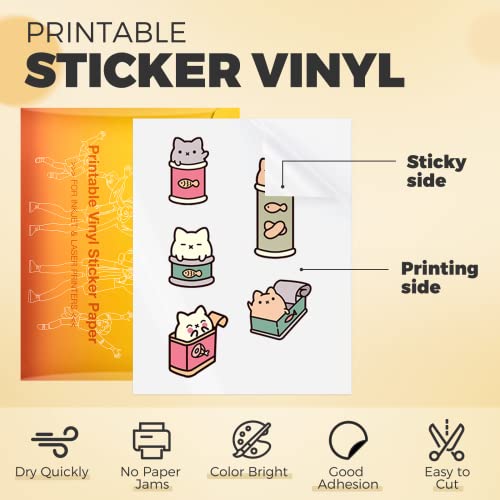 HTVRONT Printable Vinyl Sticker Paper, 100 Sheets Glossy Waterproof Sticker Paper For Inkjet Printer Dries Quickly-Standard Letter Size 8.5"X11"