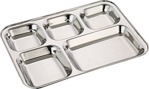 Royal Sapphire 5 Compartment Stainless Steel Plates | Stainless Steel Divided Plates | Cafeteria Food Tray | Rectangular Divided Dinner Plate with a Free Spoon