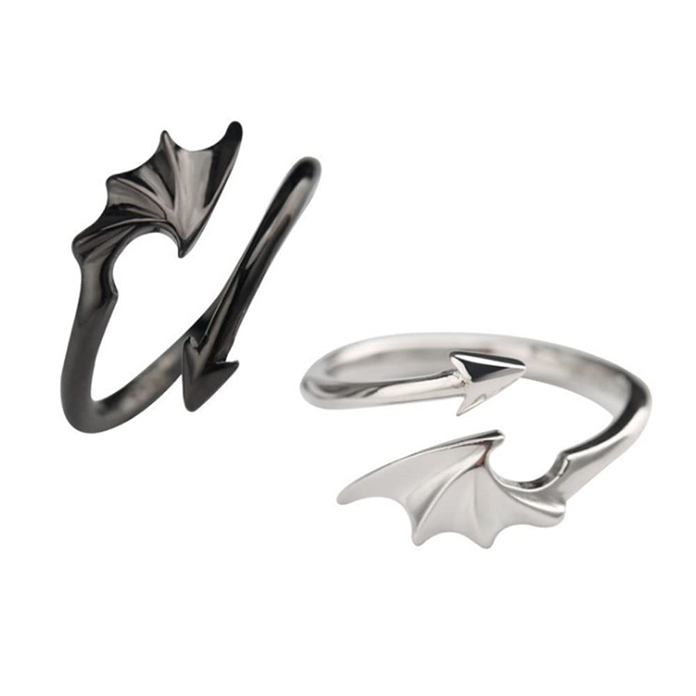 1 Pair Couples Matching Rings for Women Men Fashion Angel Devil Open Tail Ring Adjustable Black Silver Expandable Dragon Wing Arrow Ring Promise Wedding Gift for Him and Her Boyfriend Girlfriend