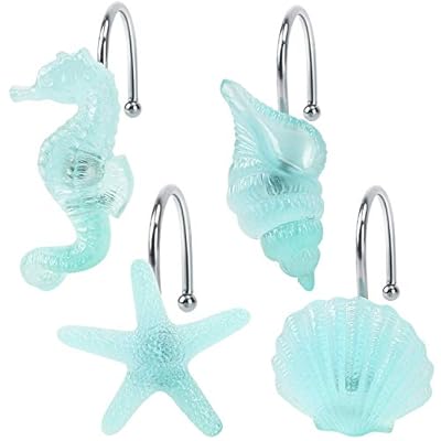 Beach Shower Curtain Hooks, Glow in The Dark, Unique Blue Starfish, Seashell, Conch and Seahorse, Stainless Steel Hooks… 418OxXE%2B2SL