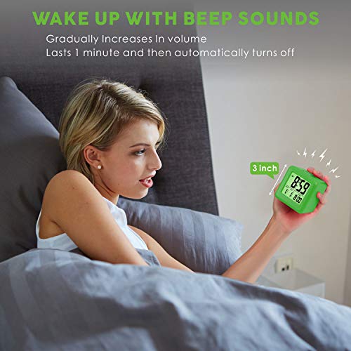 Plumeet Easy Setting Digital Travel Alarm Clock with Snooze, Soft Nightlight, Large Display Time/Date/Alarm, Ascending Sound Alarm/Handheld Sized, Best Gift for Kids (Neon Green)