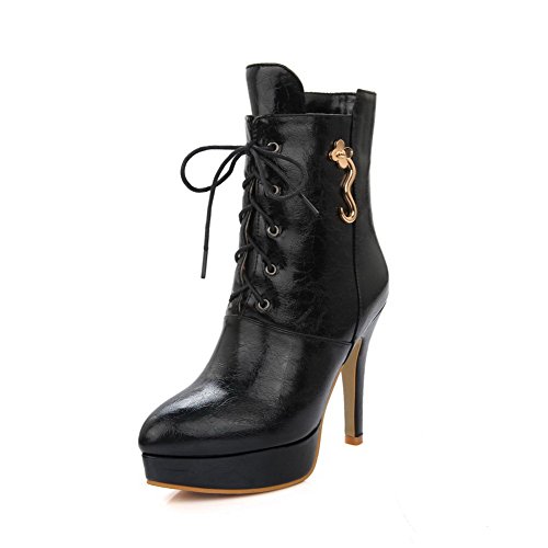 WeiPoot Women's Low Top Solid Lace Up Pointed Closed Toe Spikes Stilettos Boots, Black, 42