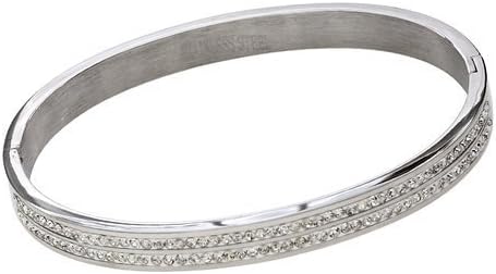 Amythyst Silver Tone Stainless Steel Bangle with Two Rows of Round Channel Set Zirconia Stones