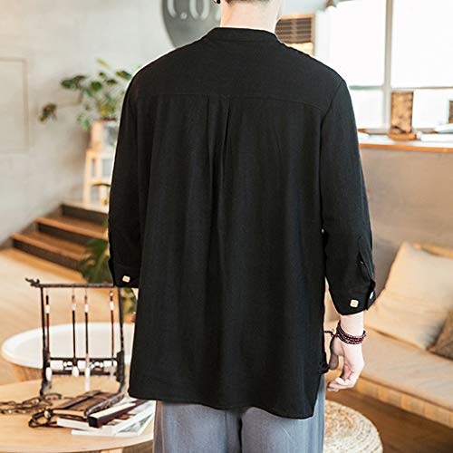 Men Linen and Cotton V Neck 3/4 Sleeve T Shirts Casual Tee Button Henley Shirts Summer Beach Top Blouse Black - Thumbnail 5