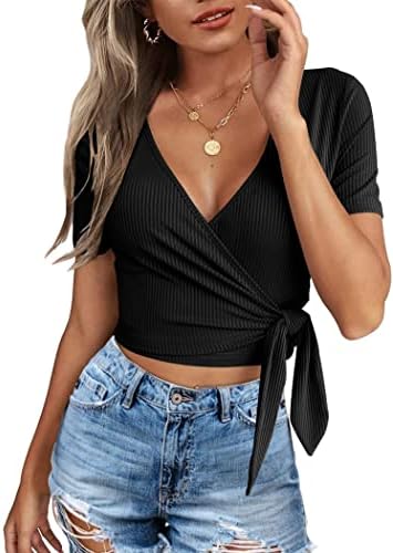 Amazon.com: LYANER Women's Sexy Deep V Neck Tie Front Wrap Cropped