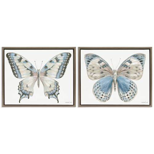 Stupell Industries Blue Accented Butterflies 2 Piece Brown Framed Floater Canva…