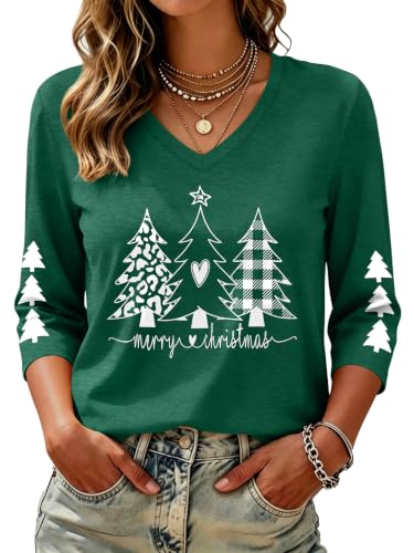 PICKID Merry Christmas Shirt Women Christmas Tree Tshirt 3/4 Sleeve Tops at Amazon