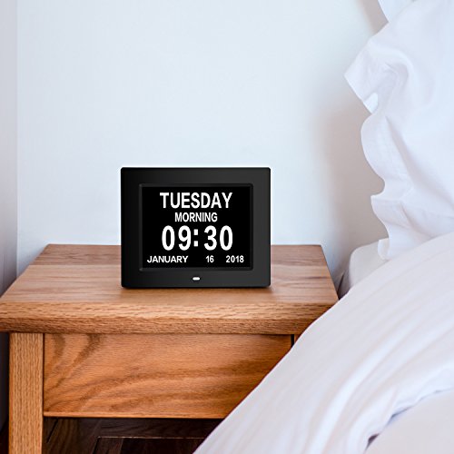 AmoVee Day Clock Calendar Day Digital Alarm Clock with Extra Large Non-Abbreviated Display for Elderly, Vision Impaired, Dementia, Memory Loss, Black
