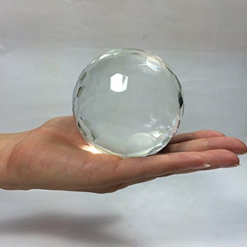 Faceted Clear Quartz Crystal Ball White 80mm (3.25") with Wood Stand