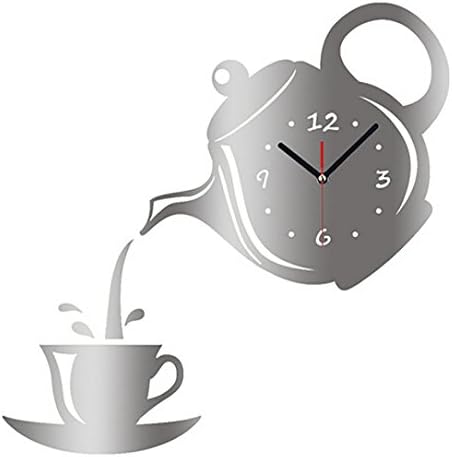 Ikevan Home 3D Teapot Clock Wall Mirror Effect Coffee Cup Shape Decoration (White)