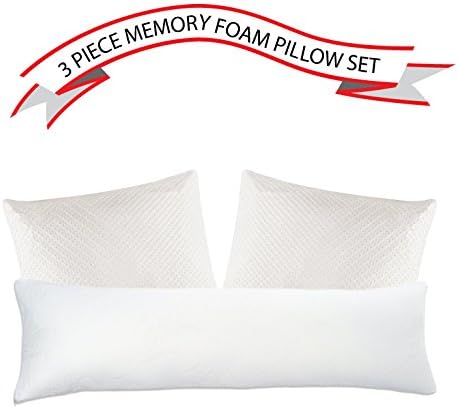 Premium Shredded Memory Foam Touch Comfort Pillow - 3 Piece Set - 2 Queen/Standard Bed Pillow - 1 Body Pillow