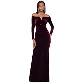Xscape Women's Long Sleeve Velvet Off Shoulder Notch Neck Floor Length Evening Gown
