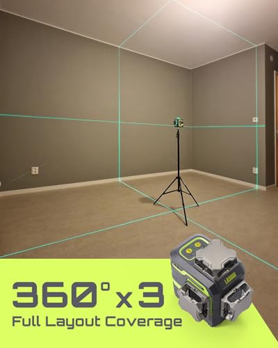 LasGoo LG-3DM Green Beam Laser Level, Self-Leveling 3x360° for Construction & Picture Hanging, Built-in 5200mAh Rechargeable Battery, Type-C Cable, Magnetic Swivel Mount Included