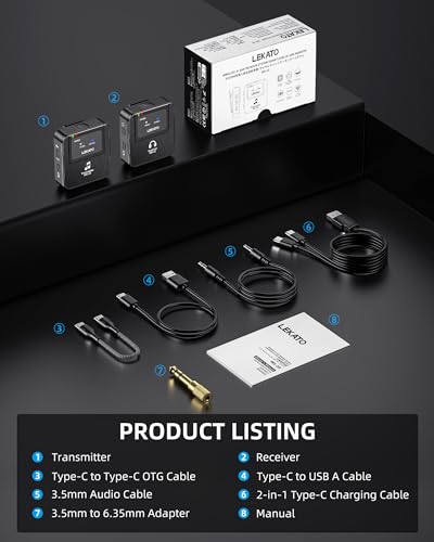 Lekato Professional 2.4G Stereo IEM Wireless Monitoring System with Transmitter and Receiver, OTG, Suitable for Tape Samples, Live Performances (1TX+1RX)