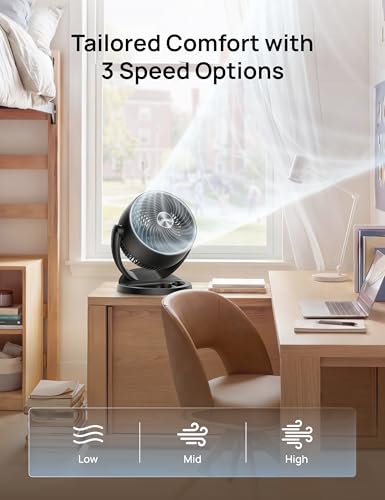 DREO Ventilador de Escritorio para Habitación, Ventilador Portatil con 3 Velocidades, Flujo 21,3m, Ventilador Silencioso 28dB, Ajuste Vertical Manual de 120°, Ideal para Hogar, Oficina Cocina, Negro