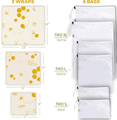 Oraganix Bee Fresh Beeswax Wrap - 3 Assorted Bees Wrap Sizes w/ (6) Mesh Bags, Eco Friendly Reusable Food Wrap, Plastic Free Food Storage