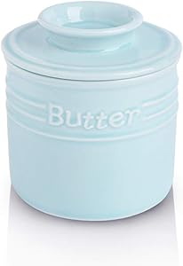 KOOV Porcelain Butter Crock, French Butter Dish, Ceramic Butter Keeper for Counter, Big Capacity, Elegant Blue Collection (Sky)