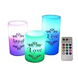 EGI - Set of 3 Flickering Flameless Candles with Multi Color Remote Control and Timer - Romantic Led Candles - with Live, Love, Laugh Decal - Made with Real Wax