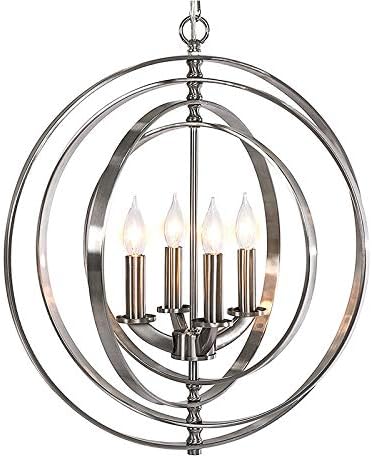 Home Orbits 18" 4-Light Modern Sphere/Orb Chandelier, Brushed Nickel Finish 4-Light Sphere Foyer Lantern with Pivoting Interlocking Rings, Burnished Silver