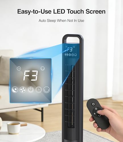 Ventilatore a Torre 91cm, Ventilatore a Piantana con 4 Velocità, Oscillazione 70°, Timer 1-12h, Telecomando 5m, Silenzioso (<60dB), LED Touch, Simula Vento Naturale – per Camera, Soggiorno, Ufficio