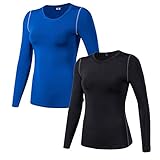 WANAYOU Women's Compression Shirt Dry Fit Long Sleeve Running Athletic T-Shirt Workout Tops,2 Pack(Black/Blue),S