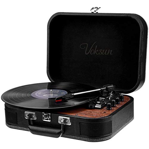 Record Player, Voksun Portable Bluetooth Turntable with Built-in Stereo Speakers, 3-Speed Belt-Drive Suitcase LP Vinyl Player, Supports Vinyl to MP3 Recording, AUX USB RCA Headphone Jack, Black