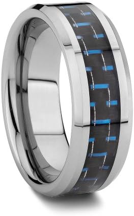 High Polished Beveled Edges Blue and Black Tungsten Carbon Fiber Ring (8mm) (6)