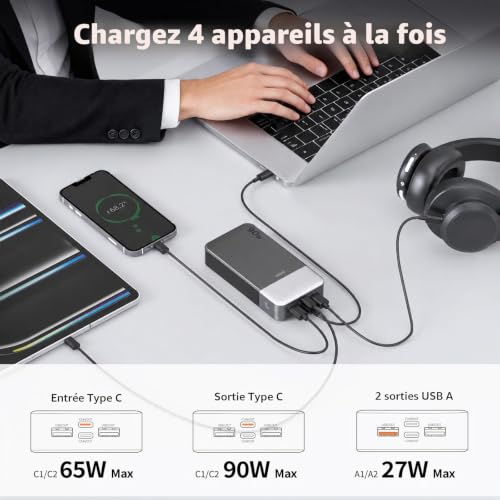 JUOVI External Battery for Laptop 90W Power Bank 20000mAh | Quick Charge PD QC with 4Ports (2USB A Out&2USB C In/Out) LED Screen External Charger for MacBook iPad Steam Deck Phones
