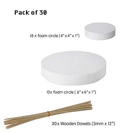 30 Foam Circles -Craft Foam Circles- Styrofoam Discs- Craft Foam for Art and Craft -Floral Foam- Foam Disks- DIY Crafts for Home, School- 2 Size 6'' x 6'' x 1'' and 4'' x 4'' x 1'' Inch (Pack of 30)