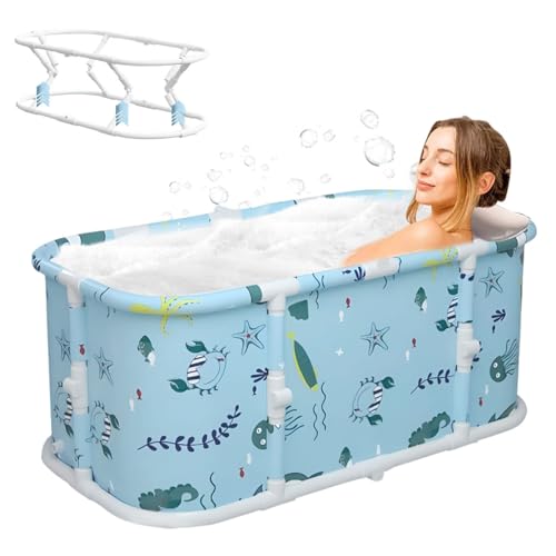 AHILAX Tina Plegable Portátil para Adultos, Bañera Grande de Hidromasaje con Espuma Térmica & Soporte Plegable para Mantener la Temperatura Tina Familiar para Baño SPA Ducha Caliente Hielo 110*65*48cm