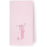 THDSE Monogrammed Initial J Hand Towels for Bathroom, Personalized Gifts for Women Girls Birthday Christmas, Coquette Preppy Pink Bows Waffle Kitchen Dish Tea Towels with Initial, 16x24 Inch