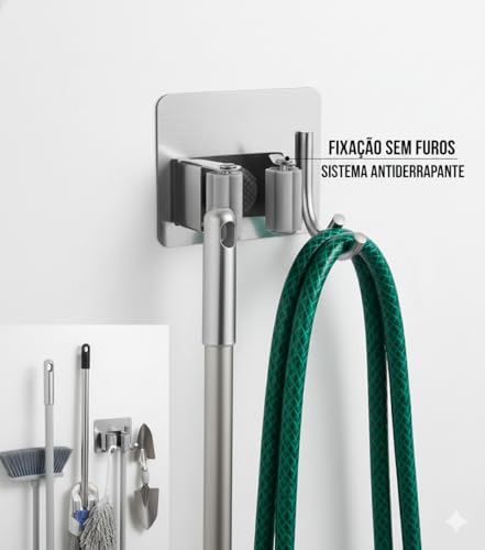 Kit com 2 Suportes de Parede Inox para Vassouras e Rodos e Gancho | Fixação Sem Furos, Organização Forte e Durável, Suporta 5Kg, Multiuso