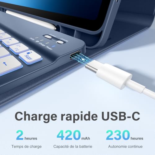 Vobafe AZERTY Keyboard Case for Samsung Galaxy Tab S10 Lite/S10 FE/S9 FE 10.9 Inch/Tab S9 11 Inch, 7 Colors Backlit Keyboard Case with Pen Holder & Quick Charge, AZERTY Blue-Grey | 7-Color Illuminated Keyboard with S Pen Support and USB-C Fast Charging, QWERTZ Layout Blue Grey