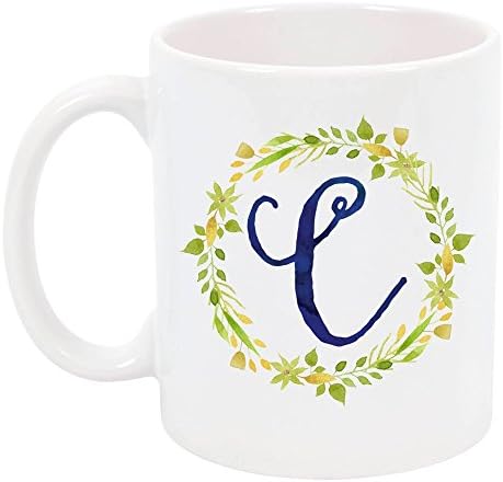 High Tide Mugs Monogram C Letter Initial Floral Design Ceramic Coffee Mug, Personalized Gift Under 20, 11 oz.